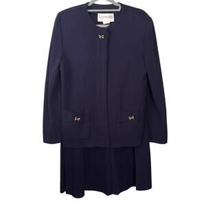 Castleberry Vintage 80s Knit Skirt Jacket Suit US 12 Old Money Navy Classic USA